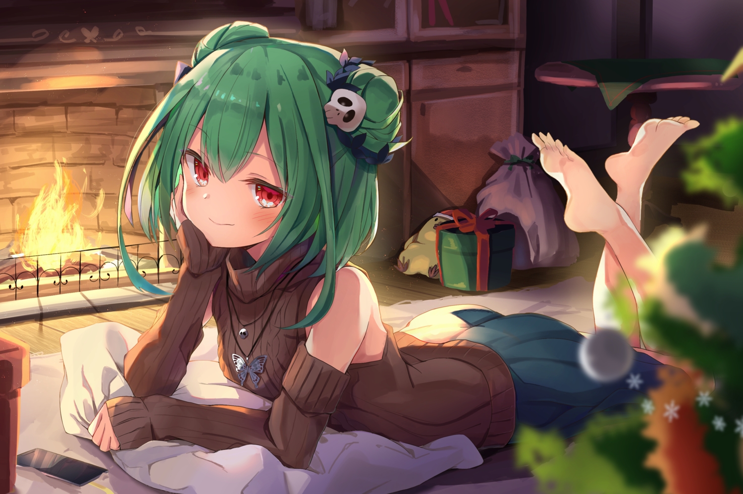 ass, barefoot, christmas, fire, green_hair, hololive, necklace, phone, red_eyes, skirt, toshizou_(0714), uruha_rushia