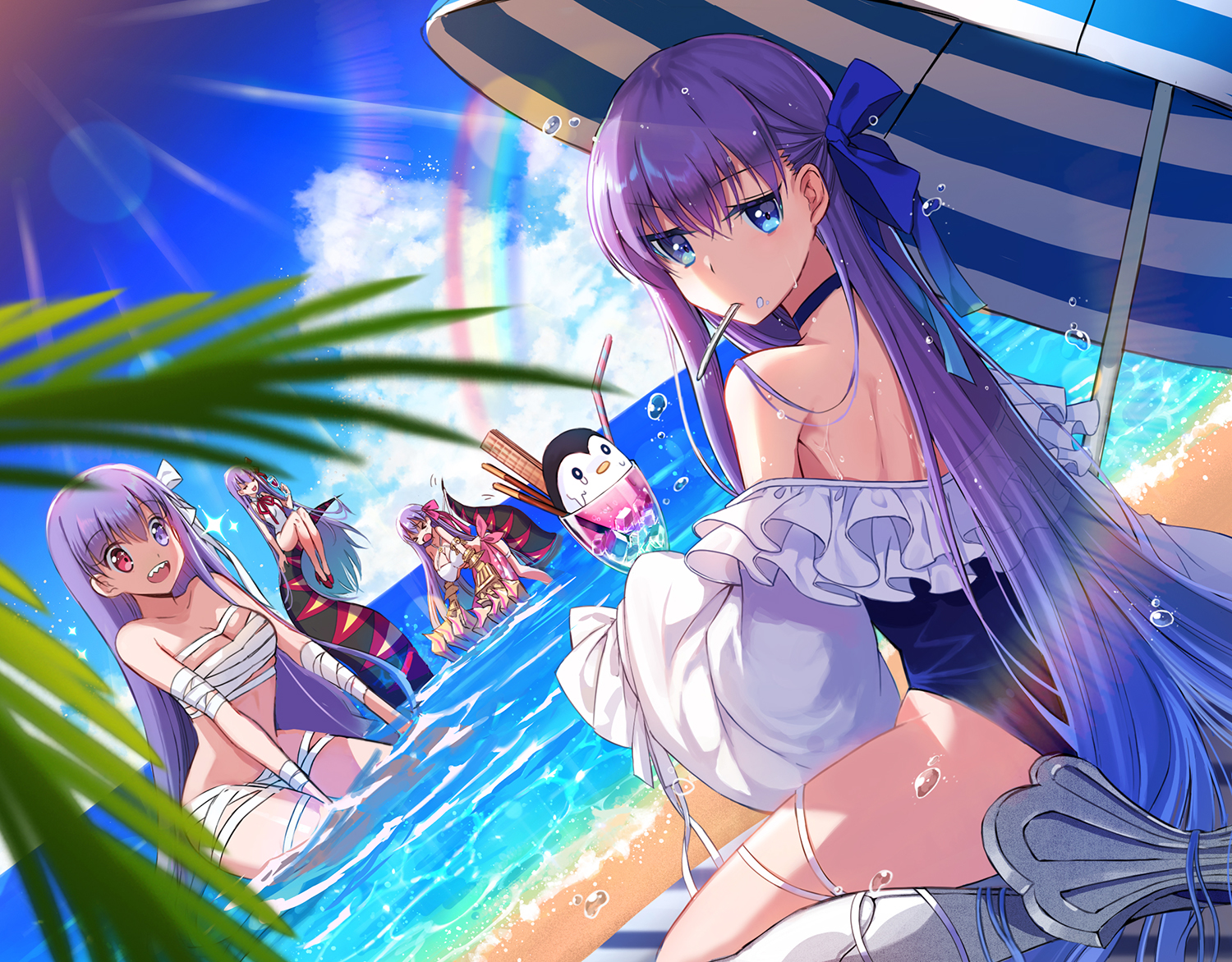 aqua_eyes, bandage, bb_(fate), beach, bicolored_eyes, bow, breasts, choker