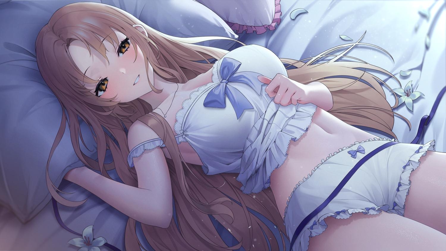 aya_(lezon), bed, brown_eyes, brown_hair, flowers, long_hair, navel, nijisanji