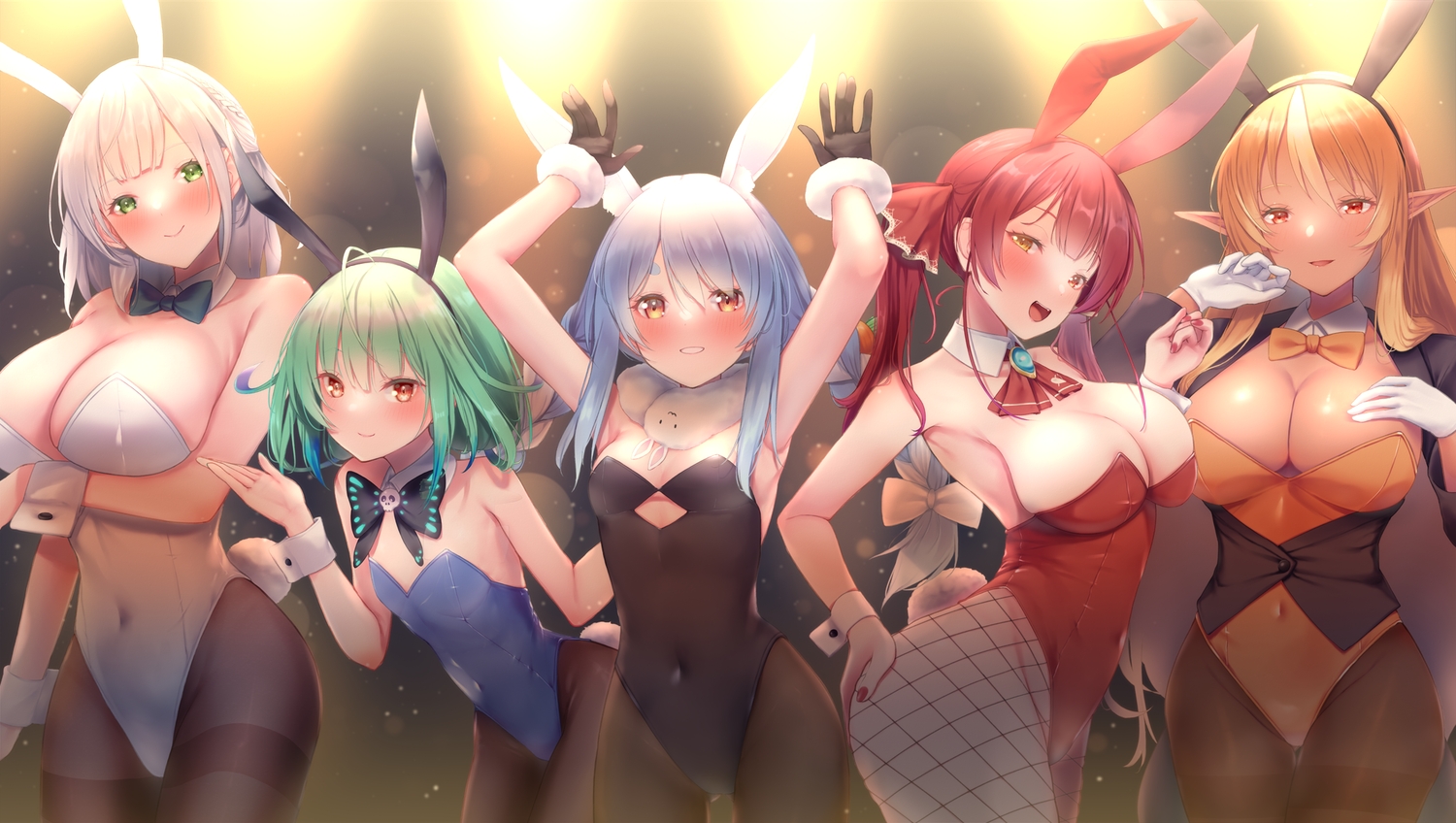 animal_ears, bicolored_eyes, blonde_hair, blue_hair, bow, braids, breast_hold, bunny_ears, bunnygirl, dark_skin, flat_chest, gloves, gray_hair, green_eyes, green_hair, group, headband, hololive, houshou_marine, ichi-go, leotard, long_hair, pointed_ears, red_hair, shiranui_flare, shirogane_noel, tail, twintails, uruha_rushia, usada_pekora, yellow_eyes