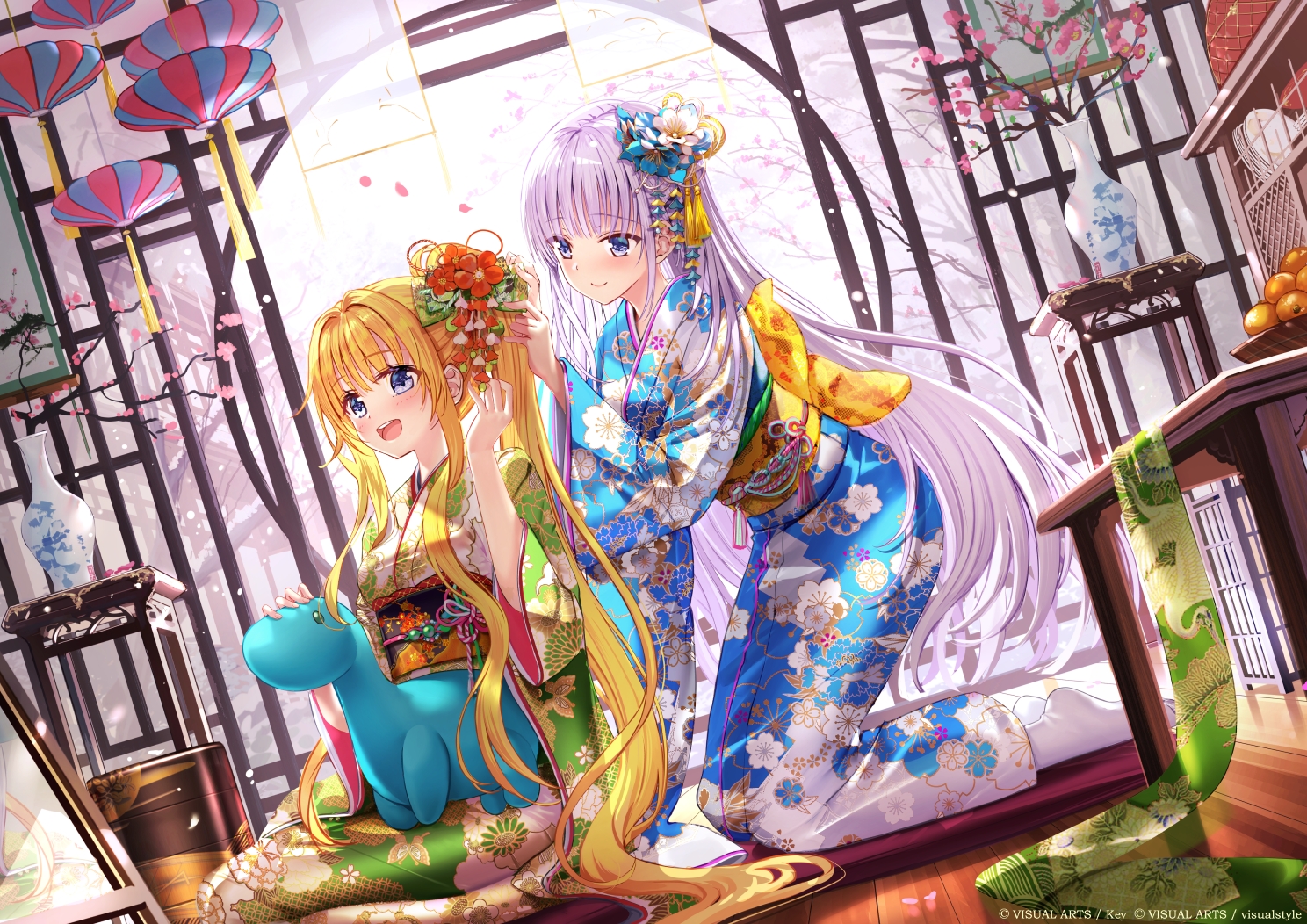 2girls, aliasing, blonde_hair, blush, flowers, food, fruit, gray_hair