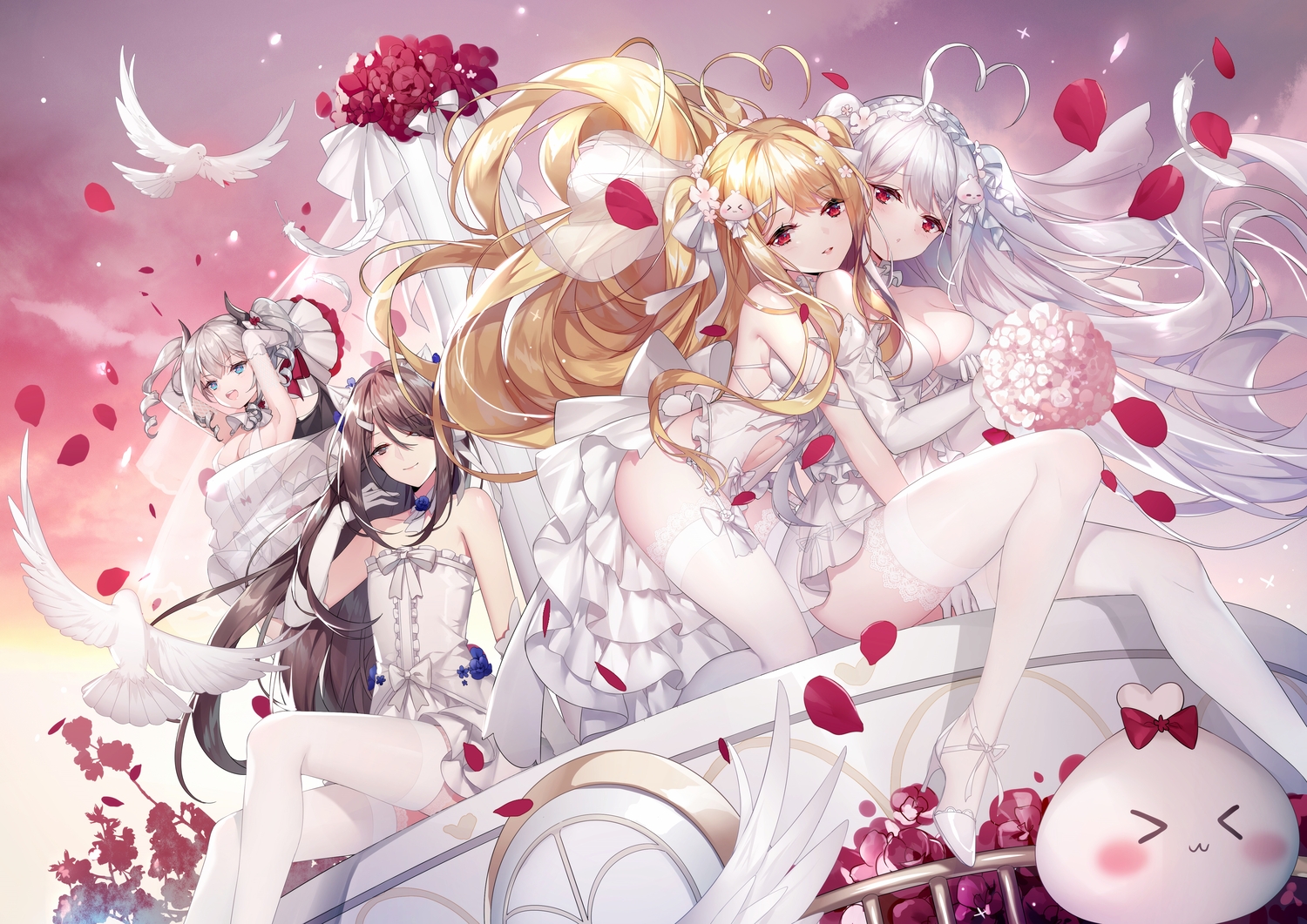 animal, bird, blonde_hair, brown_eyes, brown_hair, clouds, elbow_gloves, flowers, gloves, gray_hair, group, long_hair, niliu_chahui, original, red_eyes, sky, tagme_(artist), thighhighs, tokisaki_asaba, tokisaki_mio, wedding_attire
