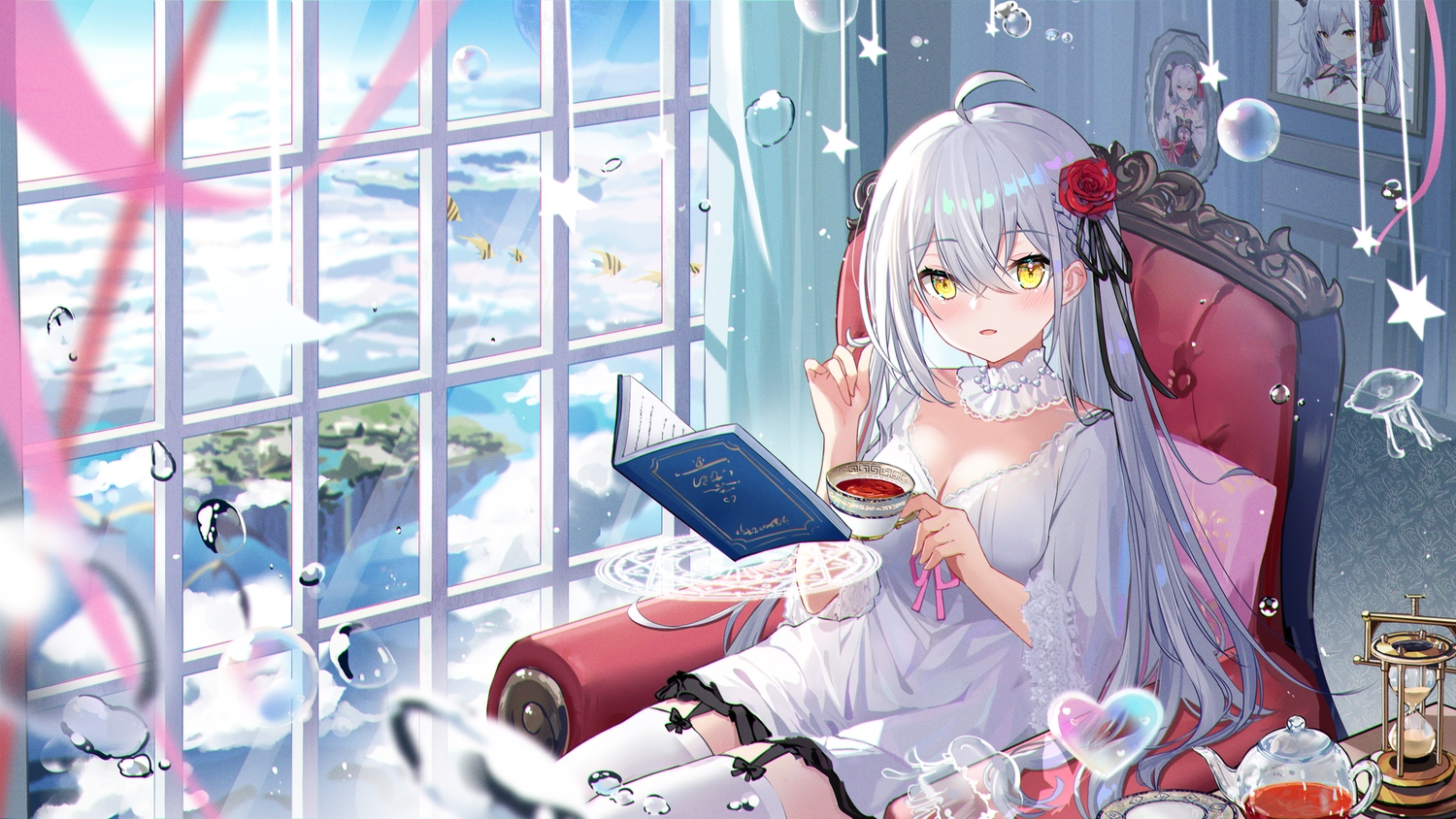 blush, book, braids, bubbles, clouds, dress, drink, flowers