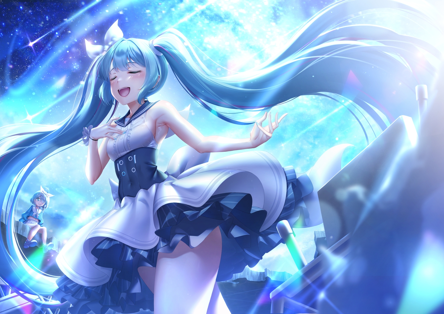 2girls, aqua_hair, arona_(blue_archive), blue_archive, hatsune_miku, ken_ill, long_hair, short_hair
