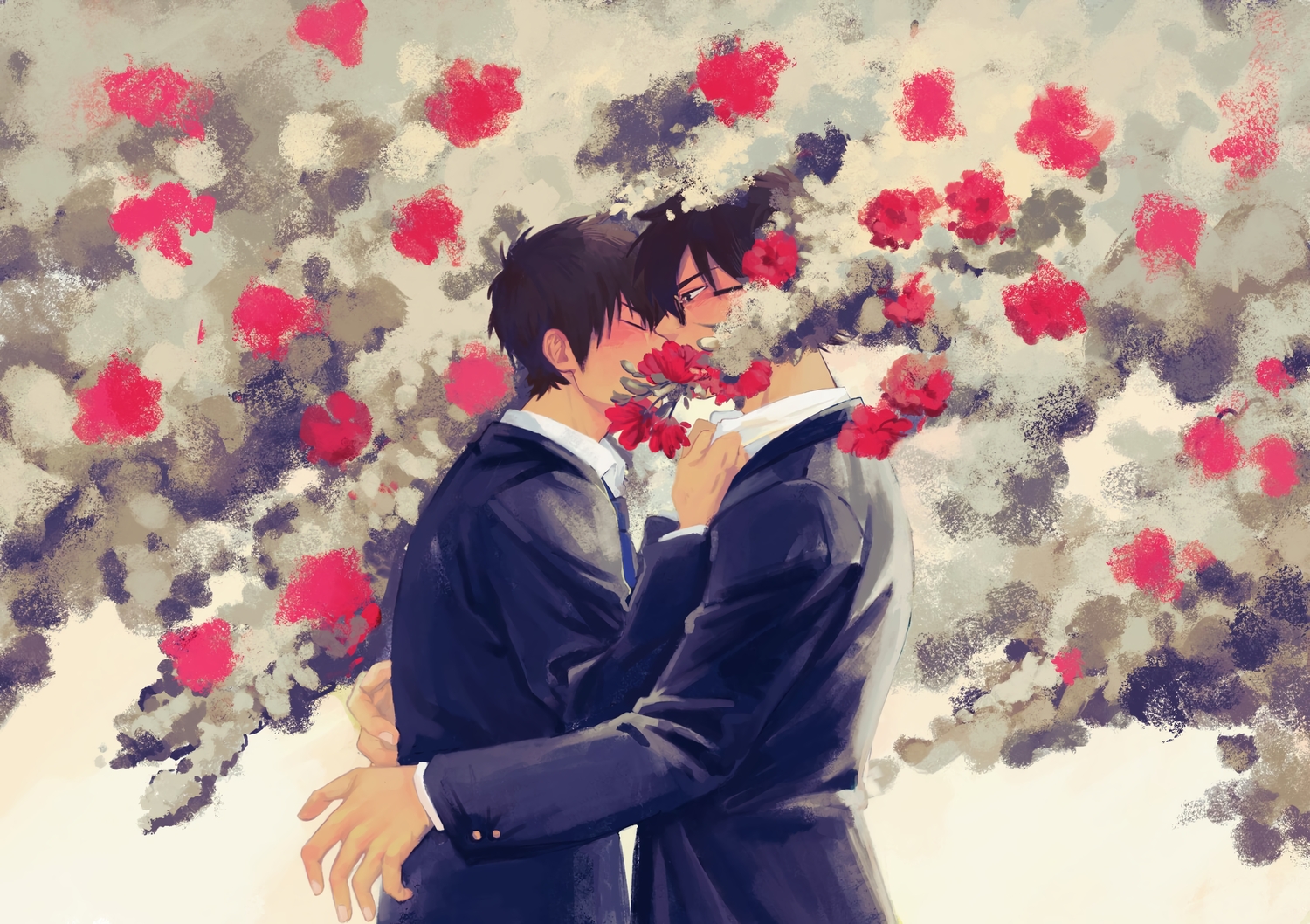 ace_of_diamond, akisetetsuya1, all_male, black_eyes, brown_hair, flowers, kiss, male, miyuki_kazuya, polychromatic, sawamura_eijun, short_hair, shounen_ai, suit, tie