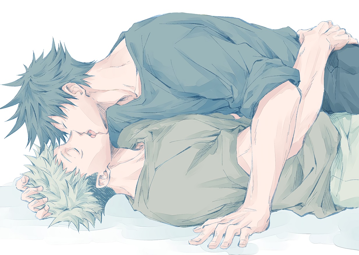 all_male, fushiguro_megumi, hisui_yuu, hug, itadori_yuuji, jujutsu_kaisen, kiss, male, polychromatic, shounen_ai, sketch