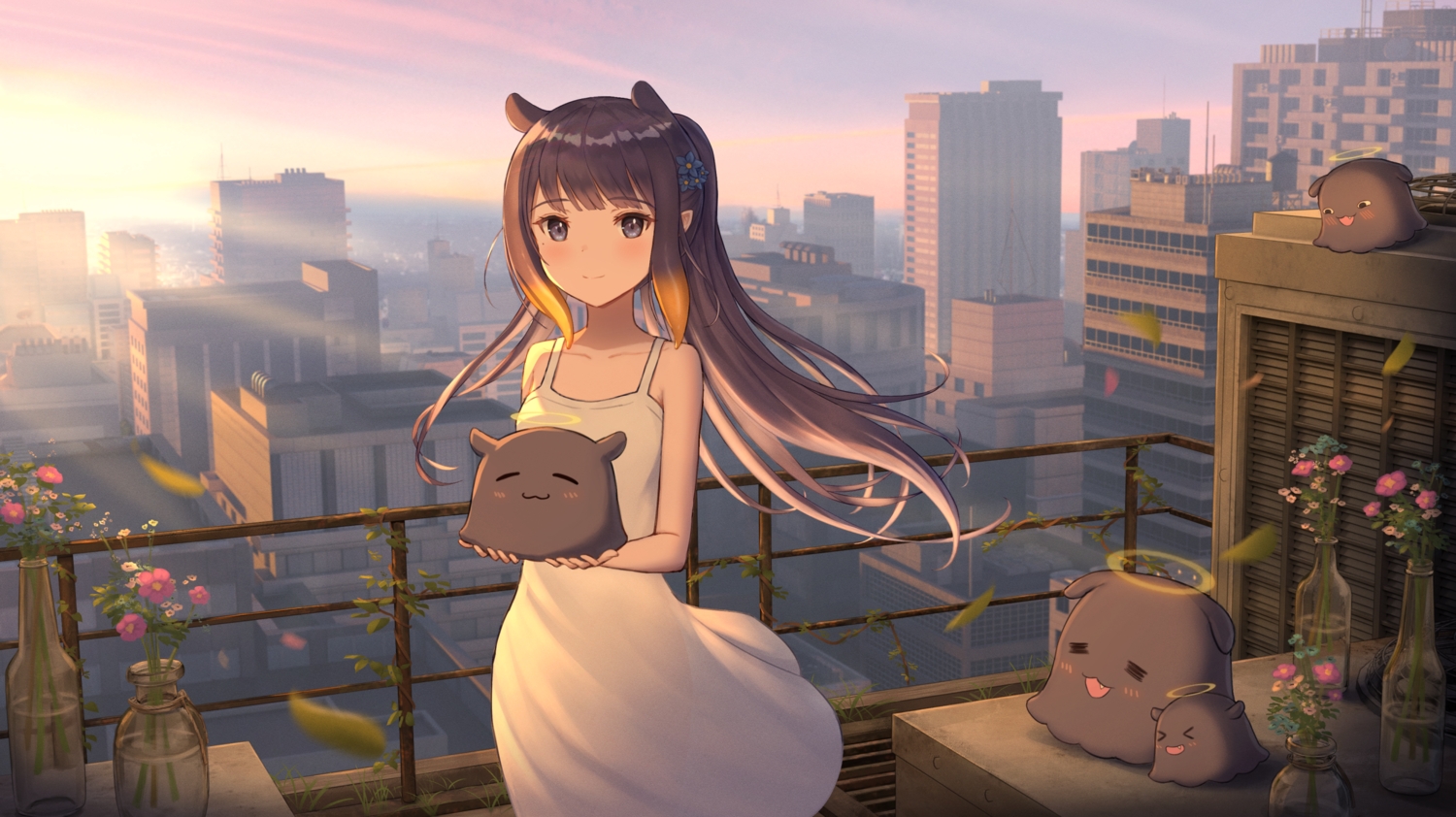 building, city, dress, hololive, ninomae_ina'nis, oridays, summer_dress, sunset