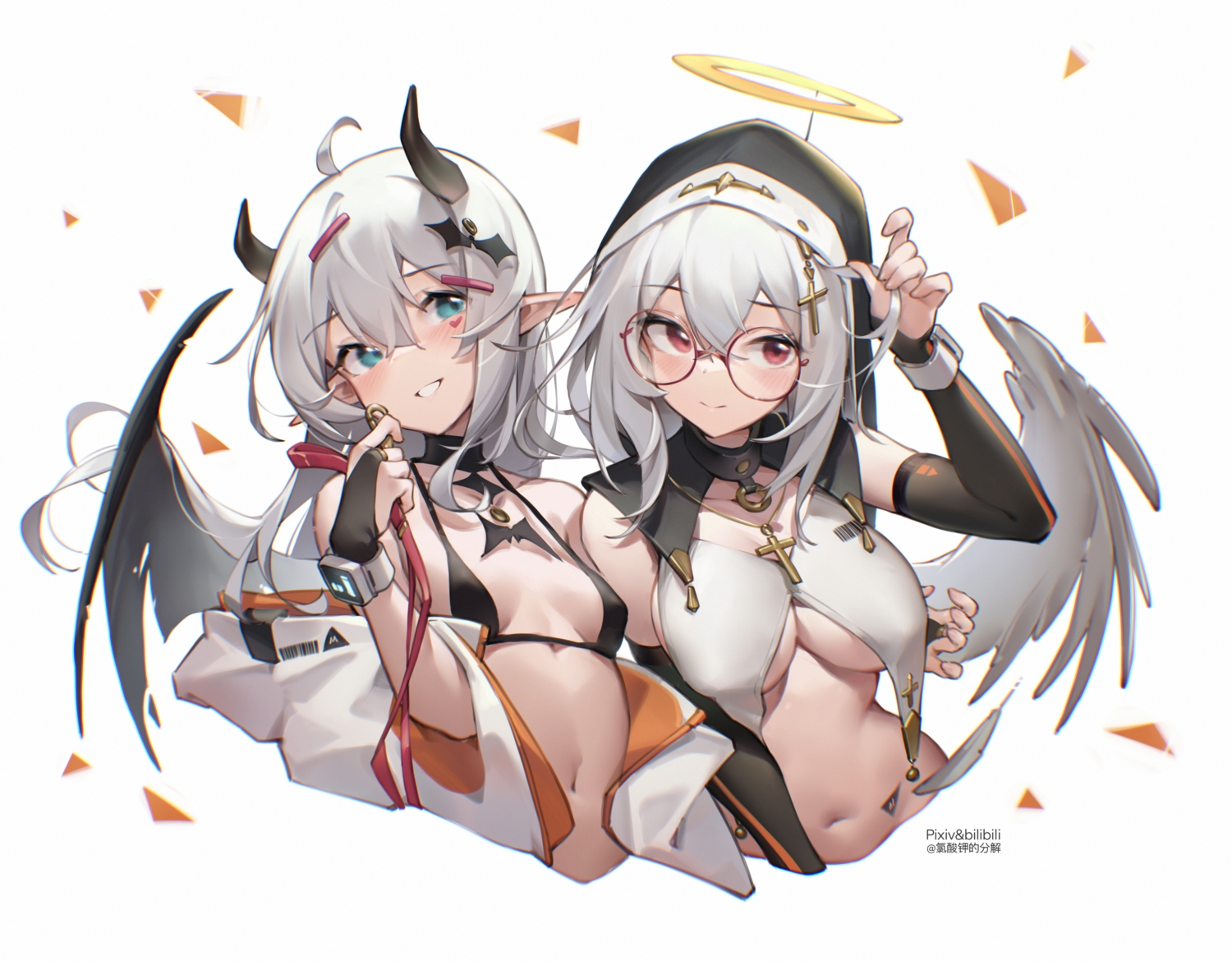 2girls, bilibili_xiaolu, glasses, horns, nun, original, pointed_ears, watermark