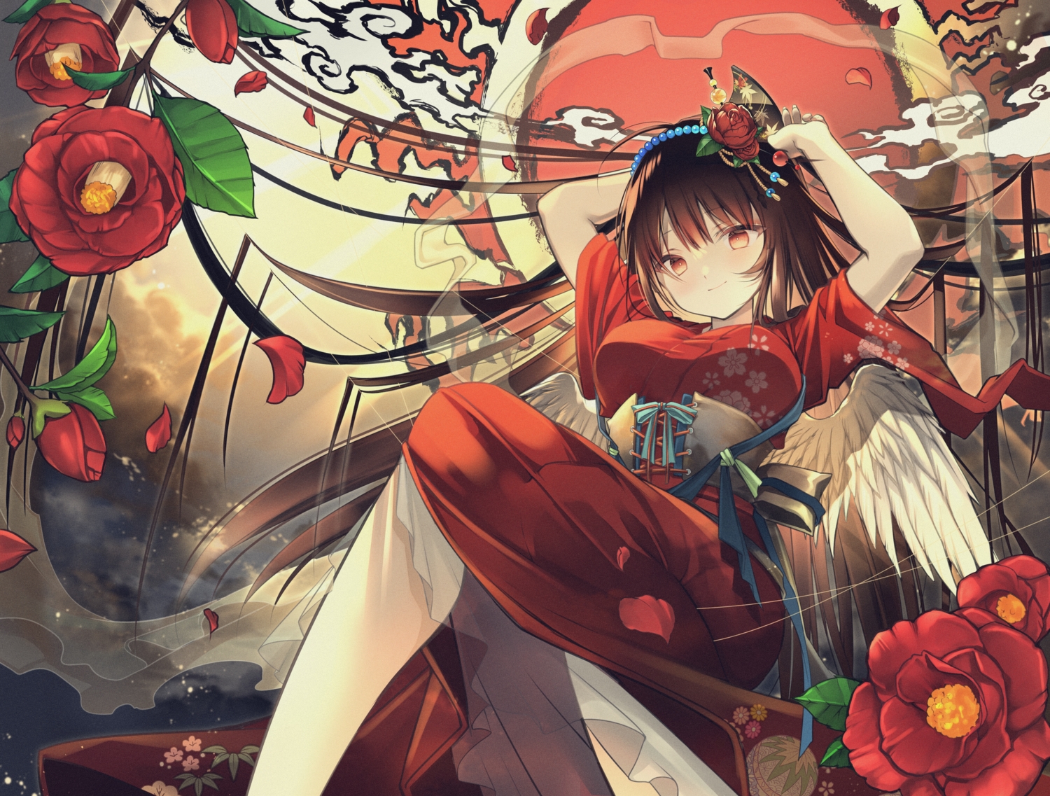 brown_hair, corset, flowers, japanese_clothes, kimono, long_hair, original, red_eyes