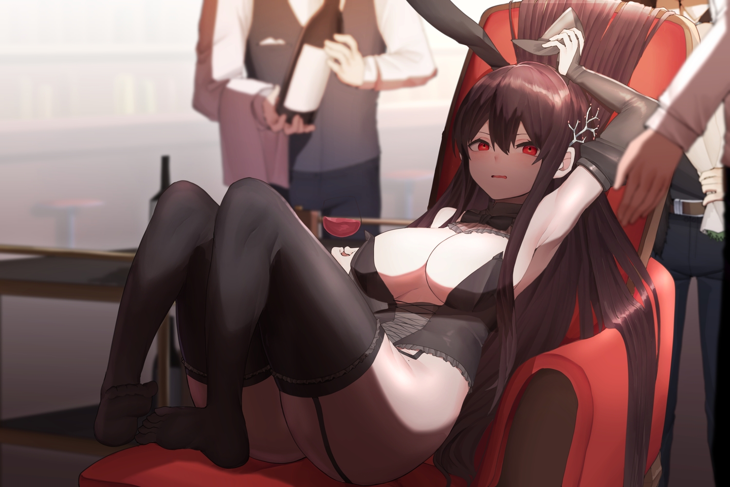 animal_ears, bobby36446329, breasts, bunny_ears, bunnygirl, cleavage, drink, garter_belt, leotard, long_hair, original, red_eyes, stockings
