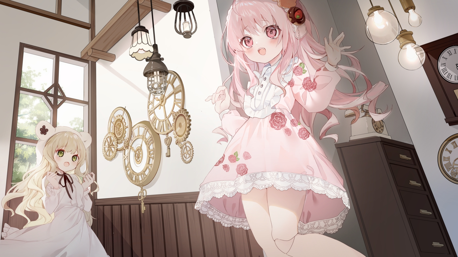 2girls, amafuyu, animal_ears, blonde_hair, blush, cat_smile, choker, doll