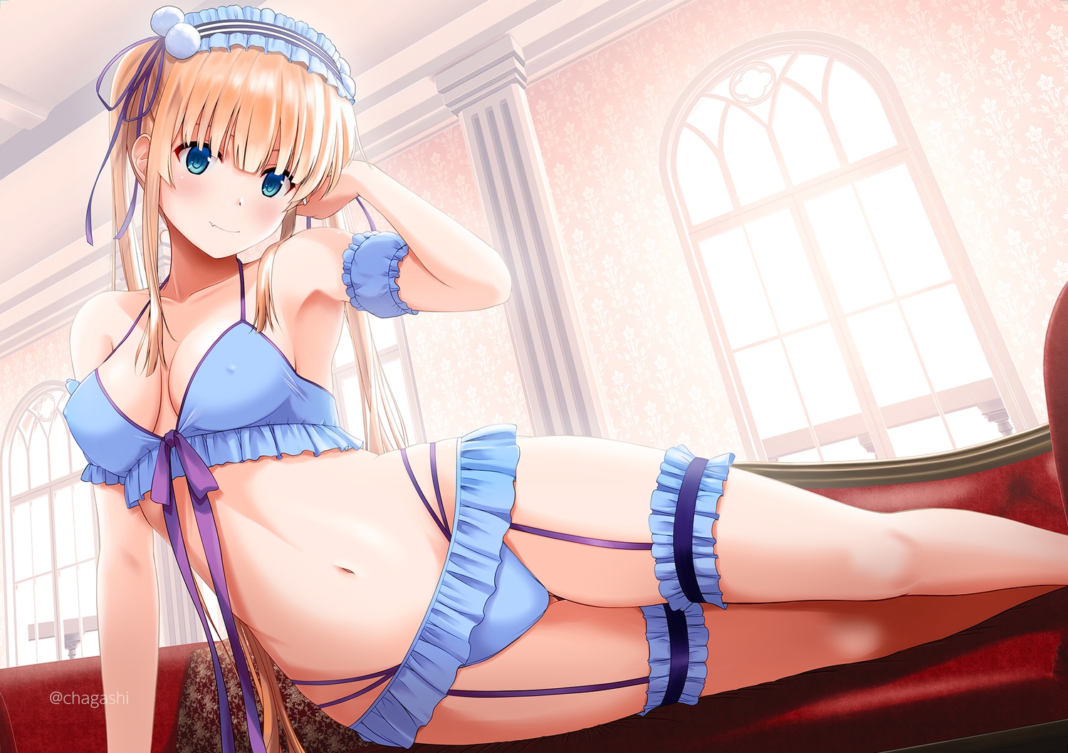 blonde_hair, blue_eyes, blush, bow, couch, erect_nipples, fang, garter
