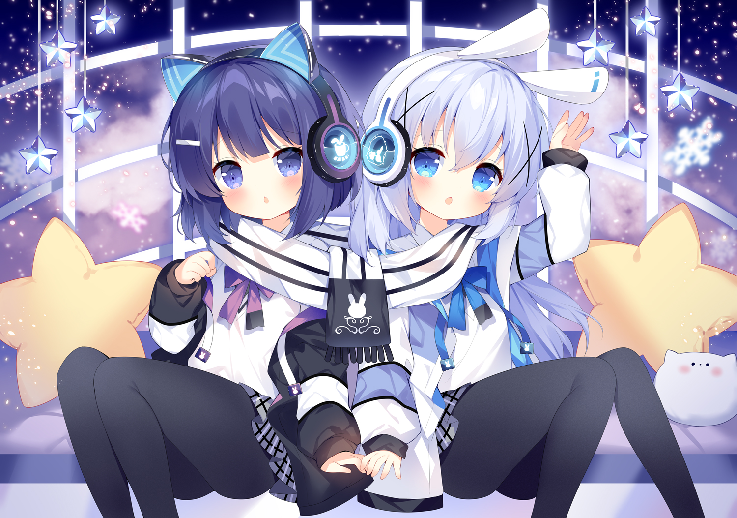 2girls, animal_ears, aqua_eyes, blush, bow, bunny_ears, bunnygirl, fuiba_fuyu