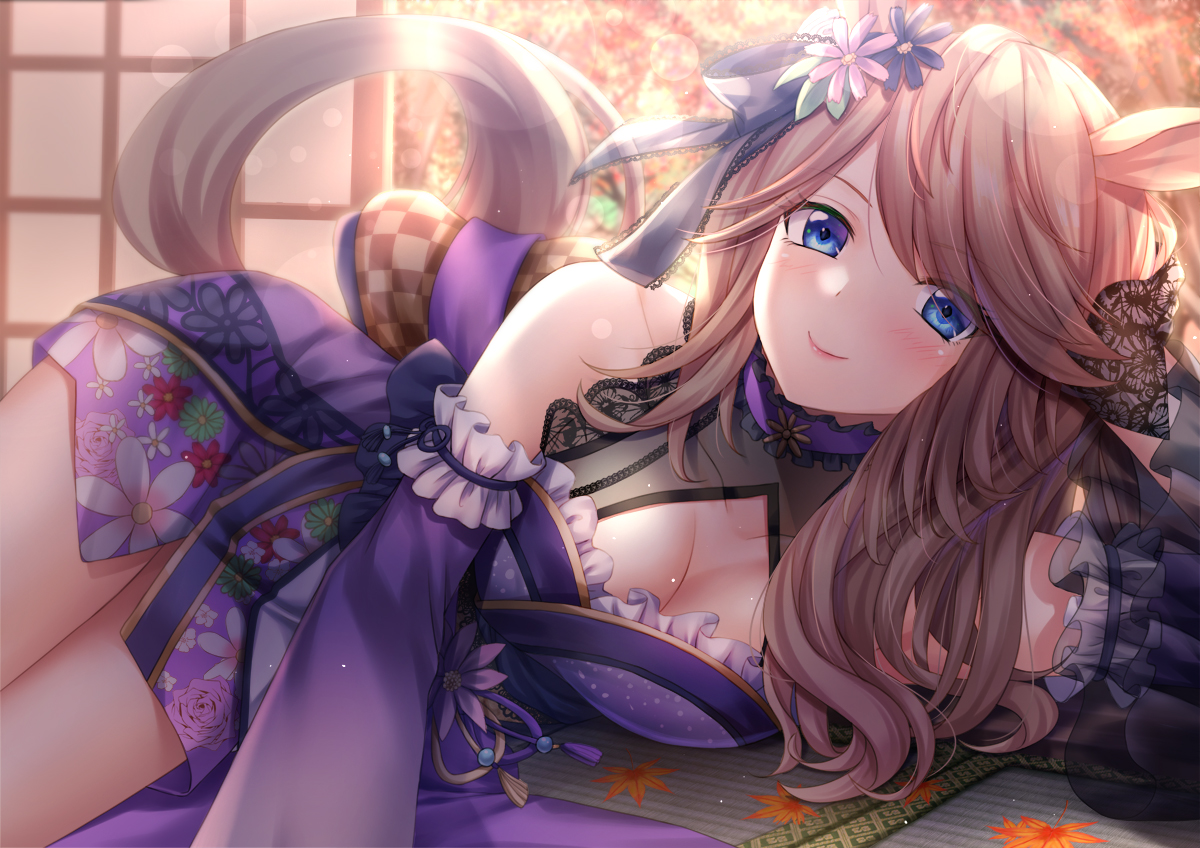 animal_ears, anthropomorphism, autumn, blue_eyes, blush, breasts, brown_hair, cleavage