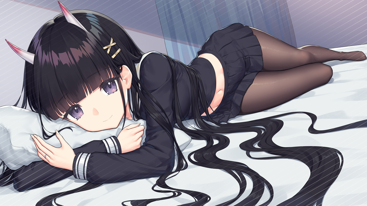 anthropomorphism, azur_lane, bed, black_hair, chi_yei, close, demon, horns, hug, long_hair, navel, noshiro_(azur_lane), pantyhose, purple_eyes, school_uniform, skirt