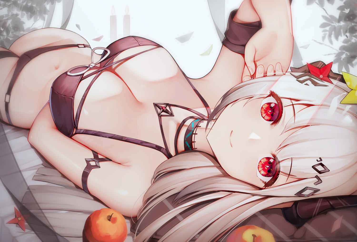 apple, arknights, bikini, breasts, cleavage, close, food, fruit, gei_daipf, horns, long_hair, mudrock_(arknights), navel, red_eyes, swimsuit, white_hair
