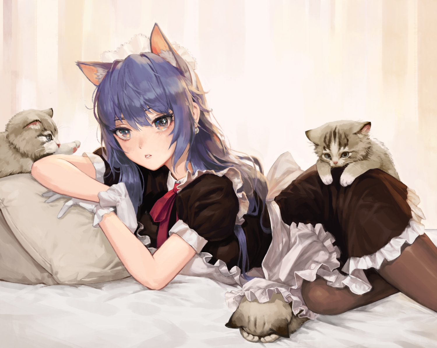 animal, animal_ears, bed, brown_eyes, cat, catgirl, headband, long_hair, maid, original, pantyhose, purple_hair, sub_chon9