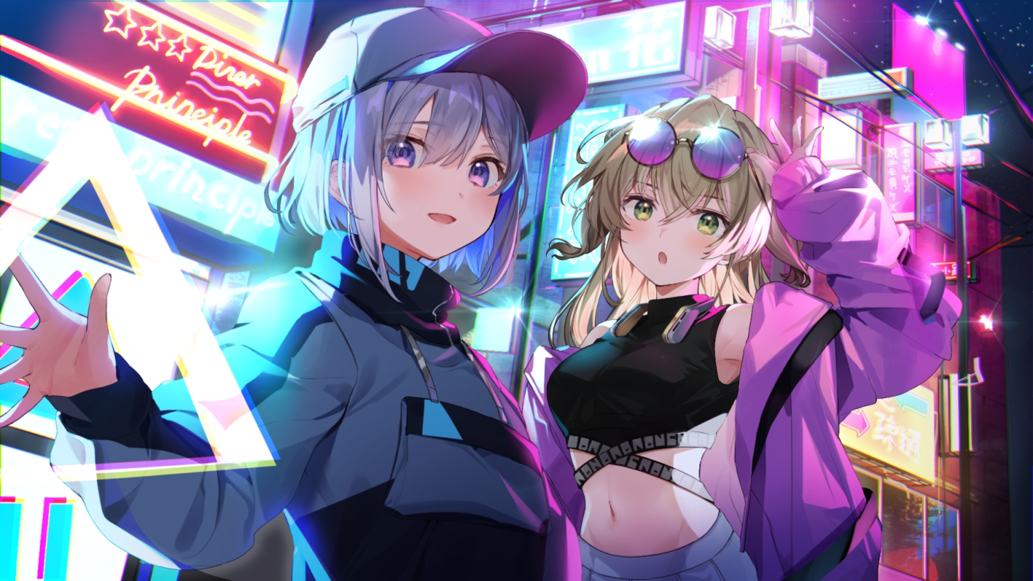 2girls, amane_kanata, blonde_hair, blush, building, city, flat_chest, gray_hair