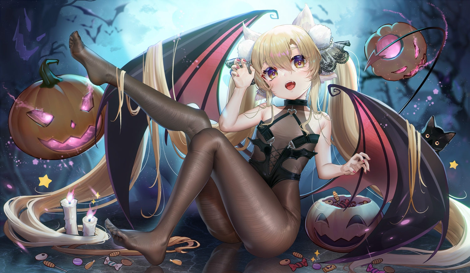 animal, animal_ears, bat, blonde_hair, candy, clouds, halloween, loli, lollipop, long_hair, magic, moyamoya_(moya11158375), original, pumpkin, reflection, sky, tree, twintails, wings, yellow_eyes
