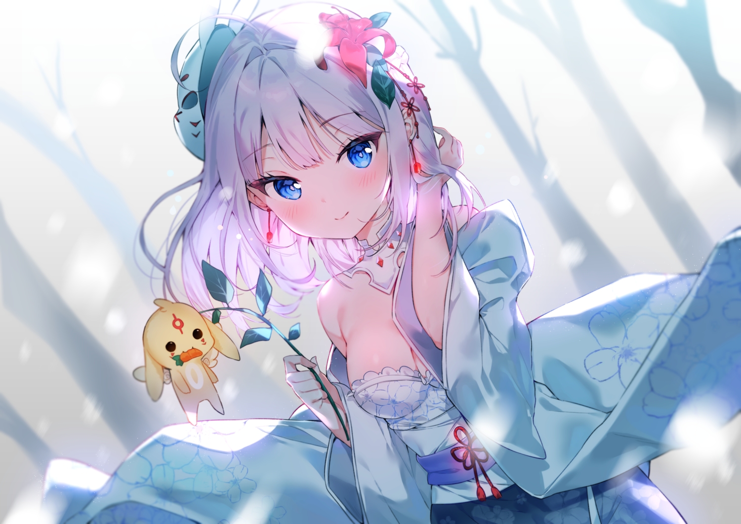 blue_eyes, cheli_(kso1564), gray_hair, japanese_clothes, long_hair, mask, snow, tree