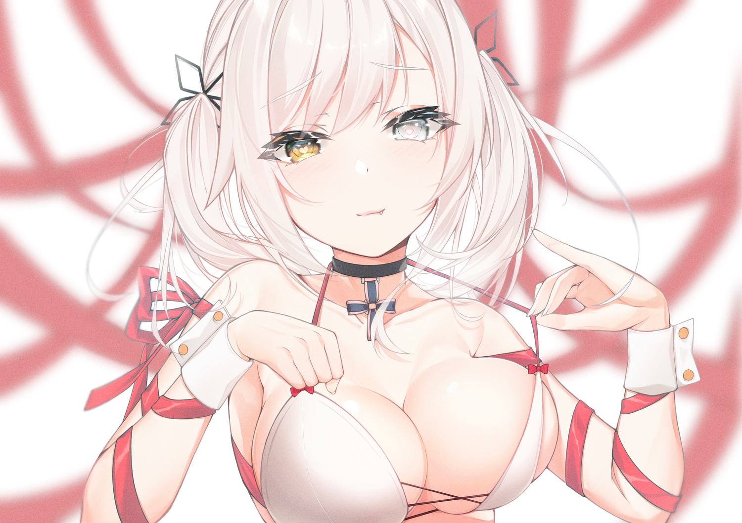 bicolored_eyes, bikini_top, choker, close, cross, fang, infinity_(kkx132), long_hair, original, ribbons, twintails, white_hair
