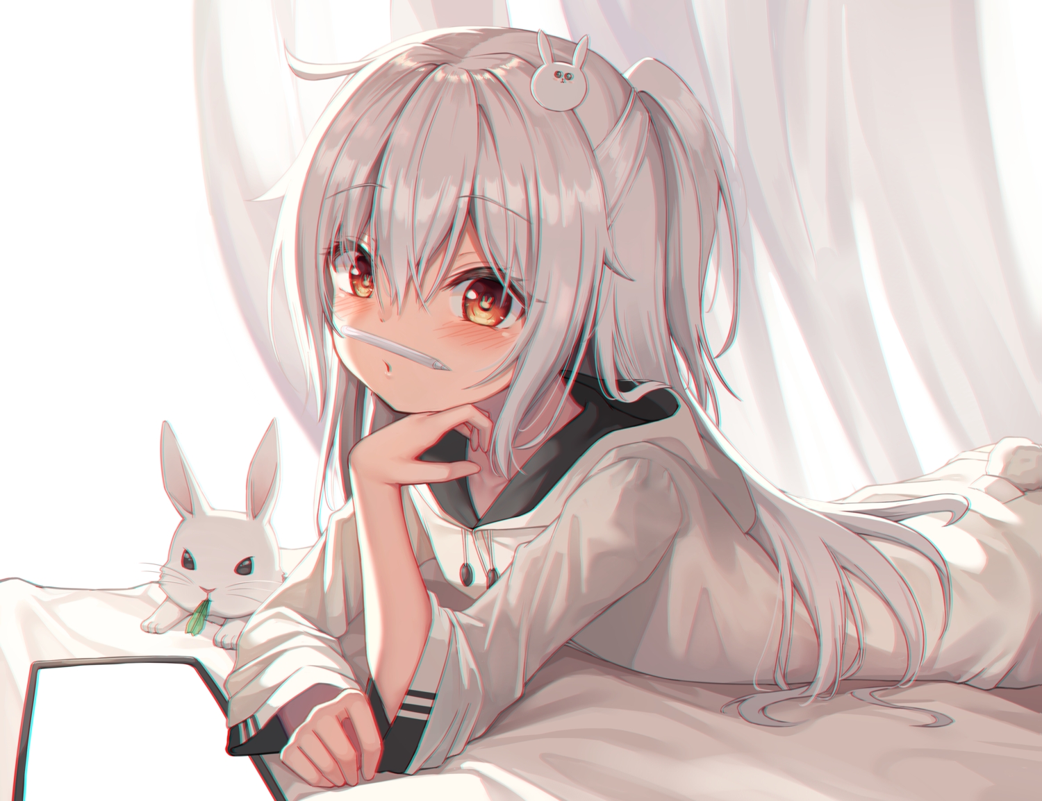 animal, bed, blush, gray_hair, hood, loli, long_hair, mannack