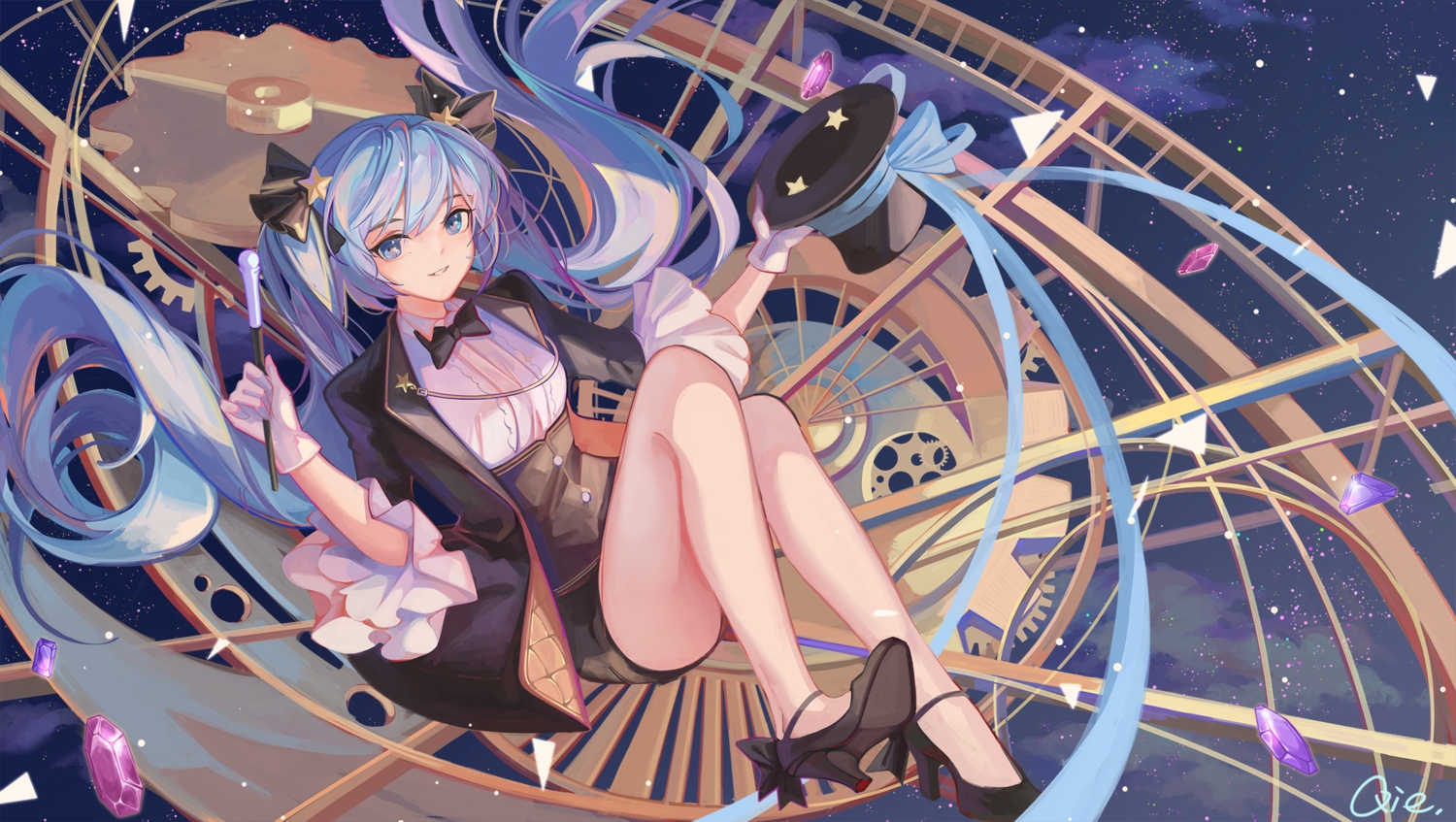 blue_eyes, blue_hair, bow, gloves, hat, hatsune_miku, long_hair, qie_(25832912), twintails, vocaloid