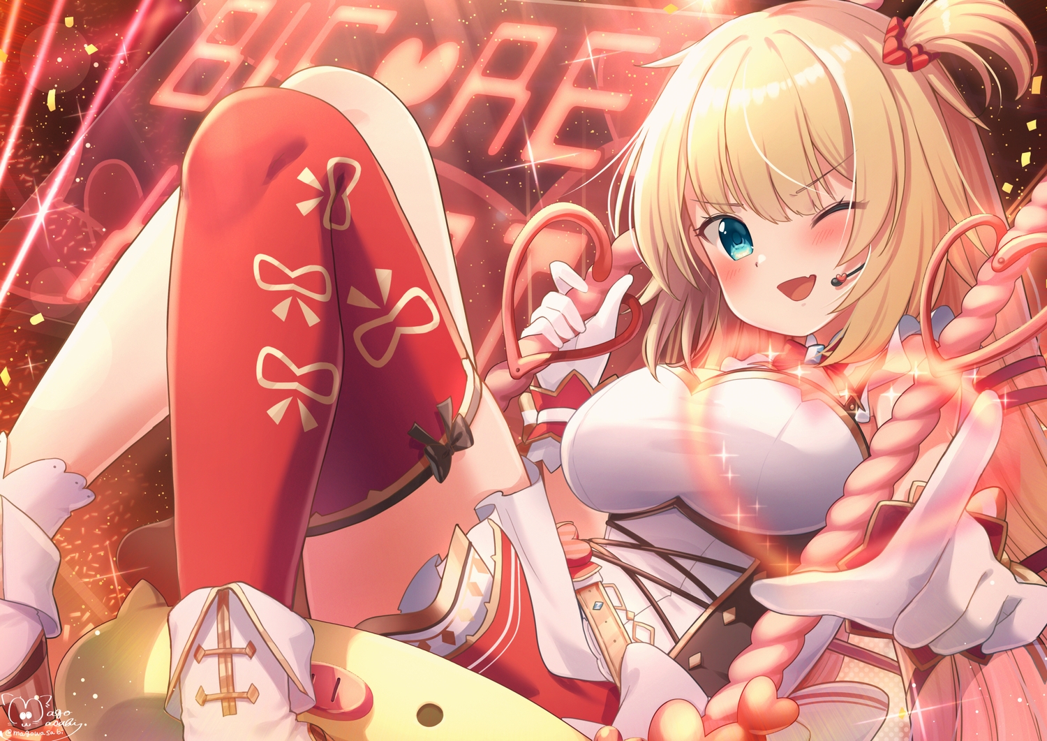 akai_haato, aqua_eyes, blonde_hair, dress, fang, gloves, hololive, long_hair