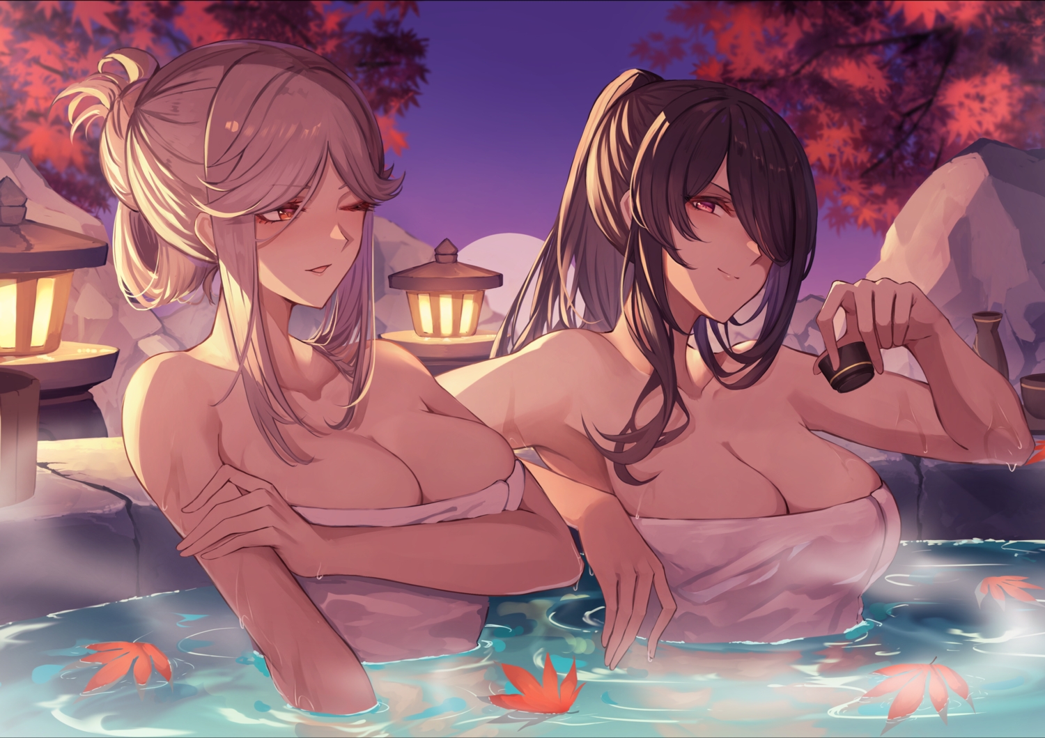 2girls, autumn, beidou_(genshin_impact), breast_hold, breasts, brown_eyes, brown_hair, cleavage, genshin_impact, gray_hair, leaves, long_hair, ningguang_(genshin_impact), onsen, pnatsu, ponytail, towel, water, wink
