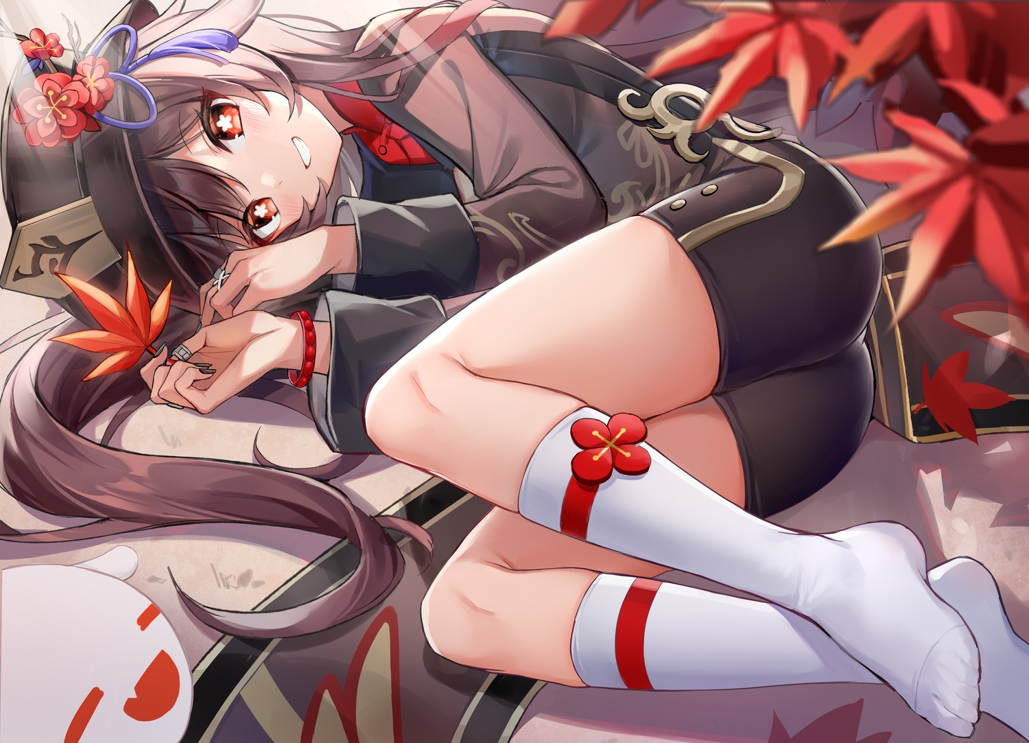 ass, autumn, brown_hair, genshin_impact, ginn_(hzh770121), hat, hu_tao_(genshin_impact), kneehighs