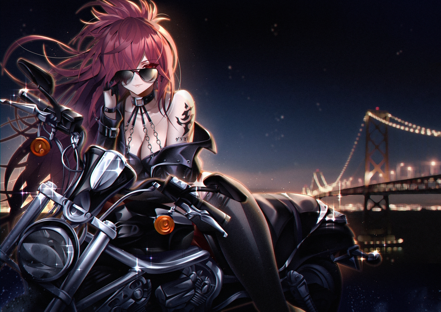 been_(grazecloud), breasts, cleavage, elesis_(elsword), elsword, long_hair, motorcycle, night, purple_hair, red_eyes, sky, stars, sunglasses, tattoo