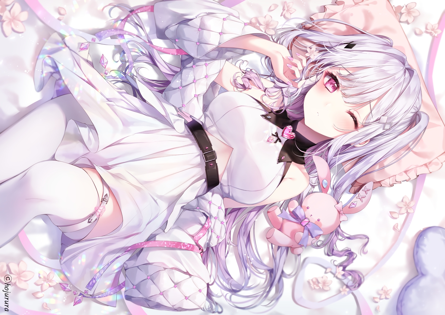 bed, bunny, dress, flowers, hoju_rura, long_hair, purple_eyes, purple_hair, ribbons, taya_oco, thighhighs, wink