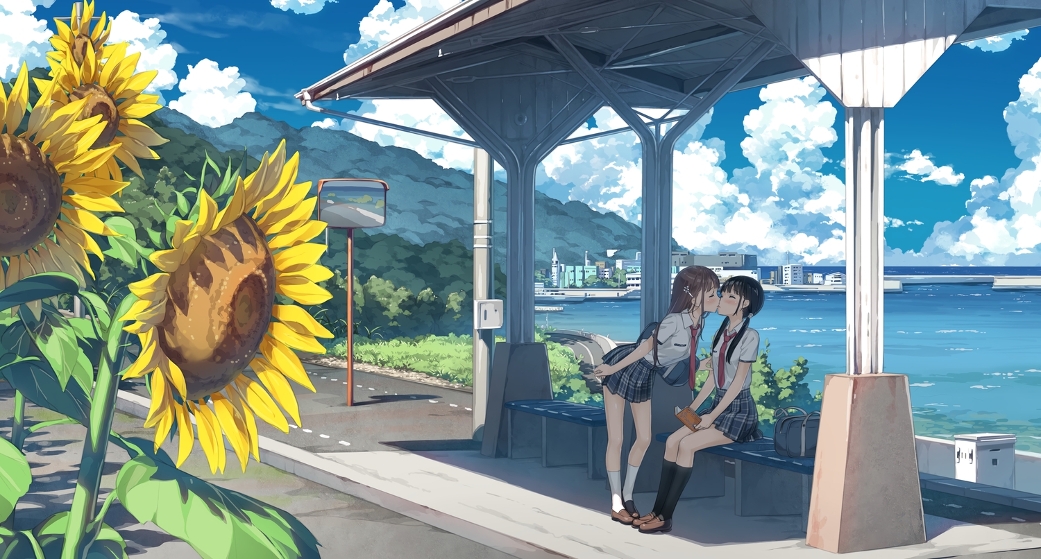 2girls, 5_nenme_no_houkago, black_hair, book, brown_hair, building, city, clouds, flowers, kantoku, kiss, kneehighs, mirror, original, reflection, scenic, school_uniform, shoujo_ai, skirt, sky, sunflower, tie, twintails, water