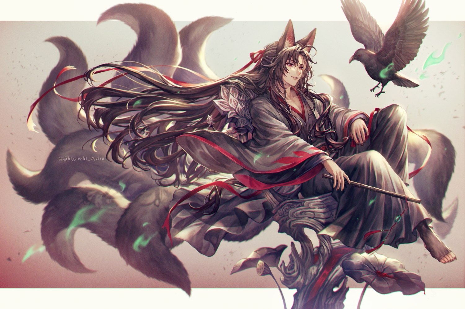 all_male, animal, animal_ears, barefoot, bird, brown_hair, chinese_clothes, flowers, long_hair, magic, male, modao_zushi, multiple_tails, red_eyes, ribbons, shigaraki_(strobe_blue), tail, watermark, wei_wuxian