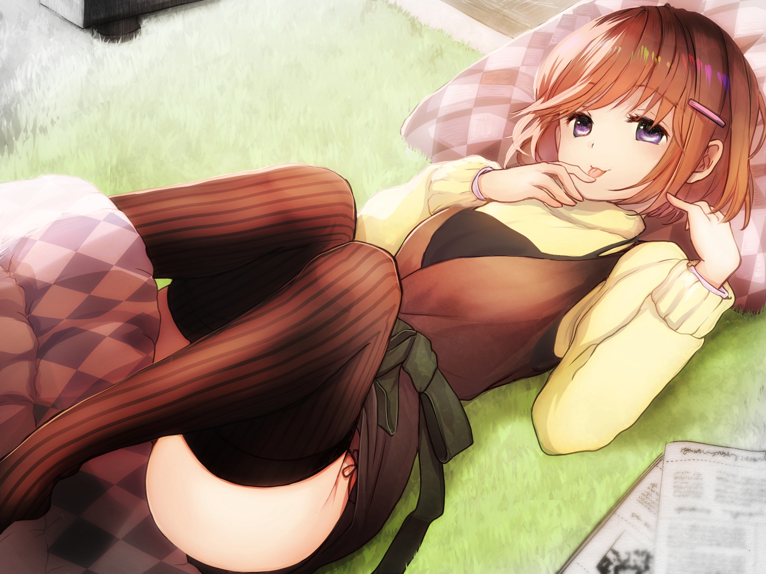 brown_hair, oka_(umanihiki), original, paper, thighhighs
