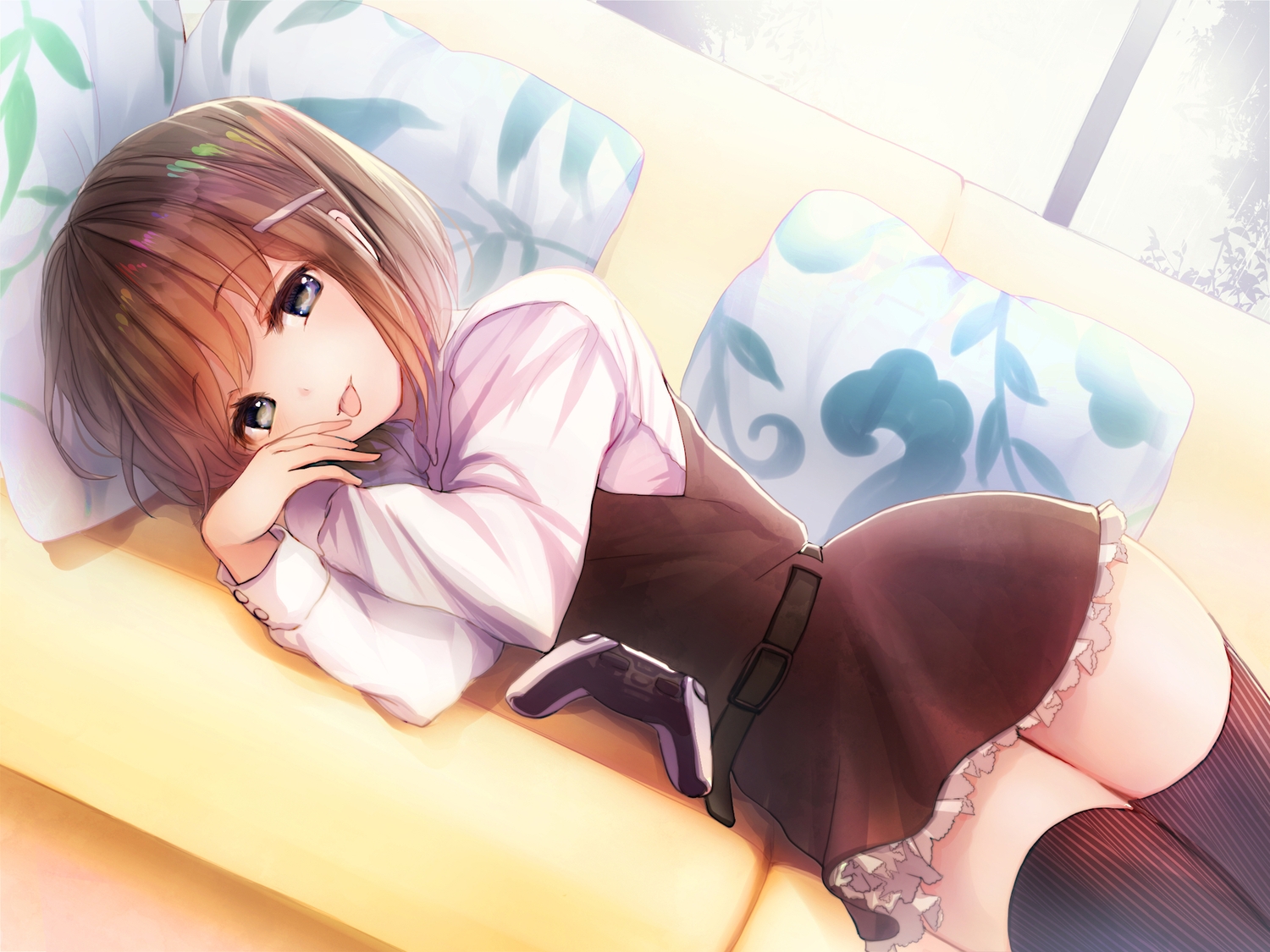 brown_hair, couch, dress, game_console, gray_eyes, oka_(umanihiki), original, shirt