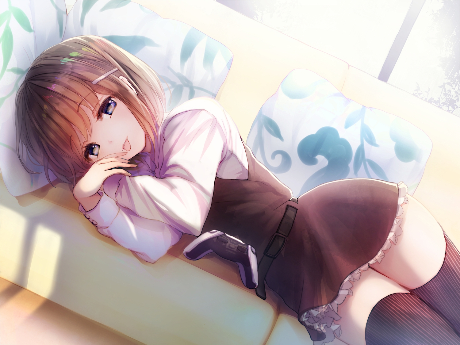 brown_hair, couch, dress, game_console, gray_eyes, oka_(umanihiki), original, shirt