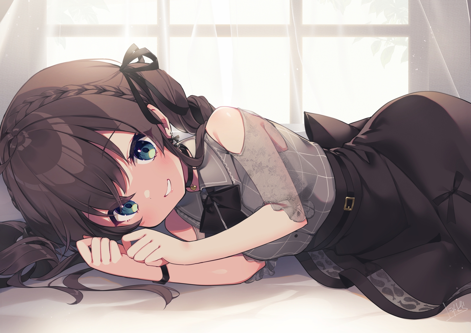 blush, bow, braids, brown_hair, choker, green_eyes, hololive, long_hair