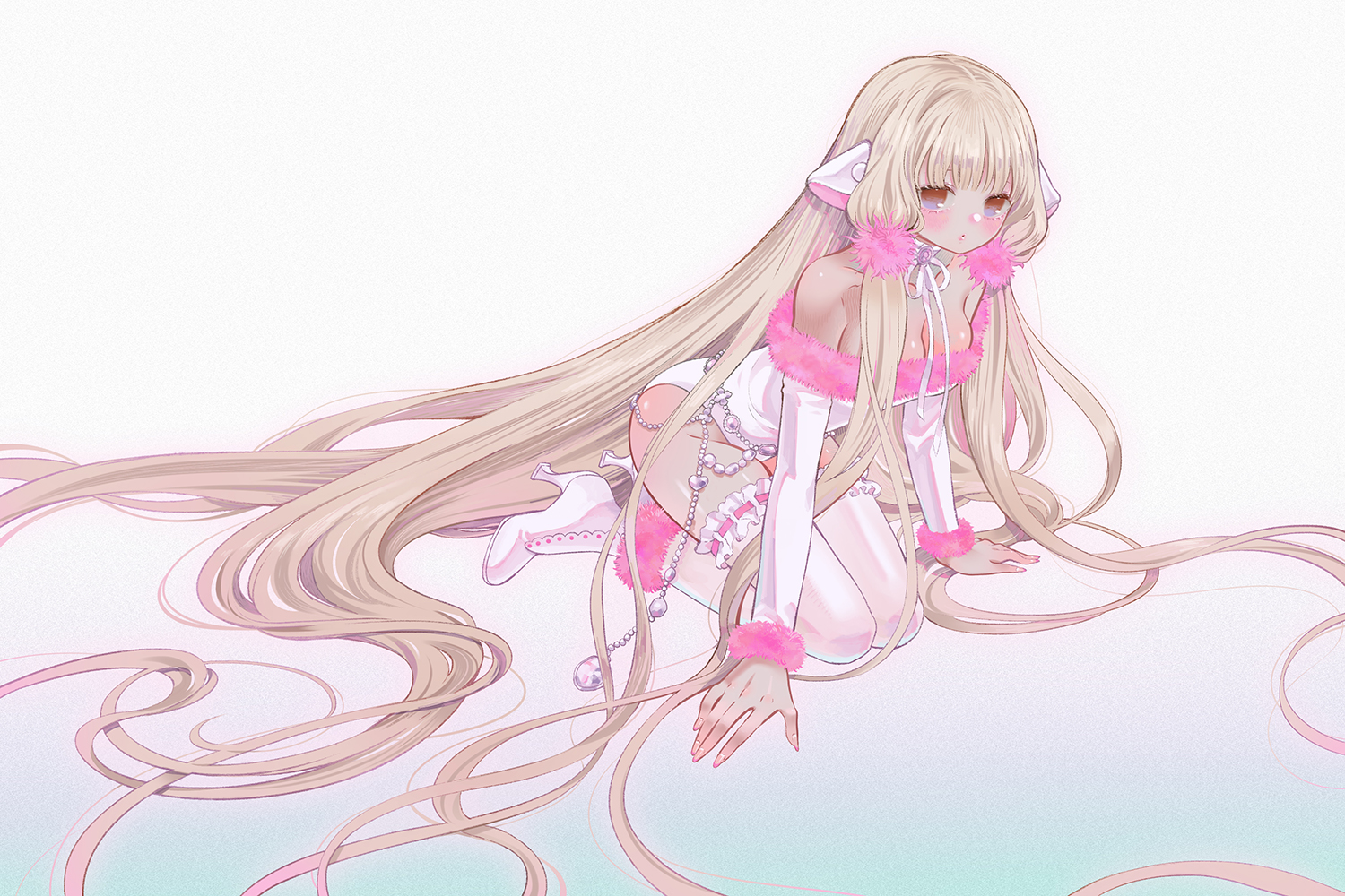 blush, brown_hair, chii, chobits, gradient, long_hair, polychromatic, rocky_(chendongjian), thighhighs