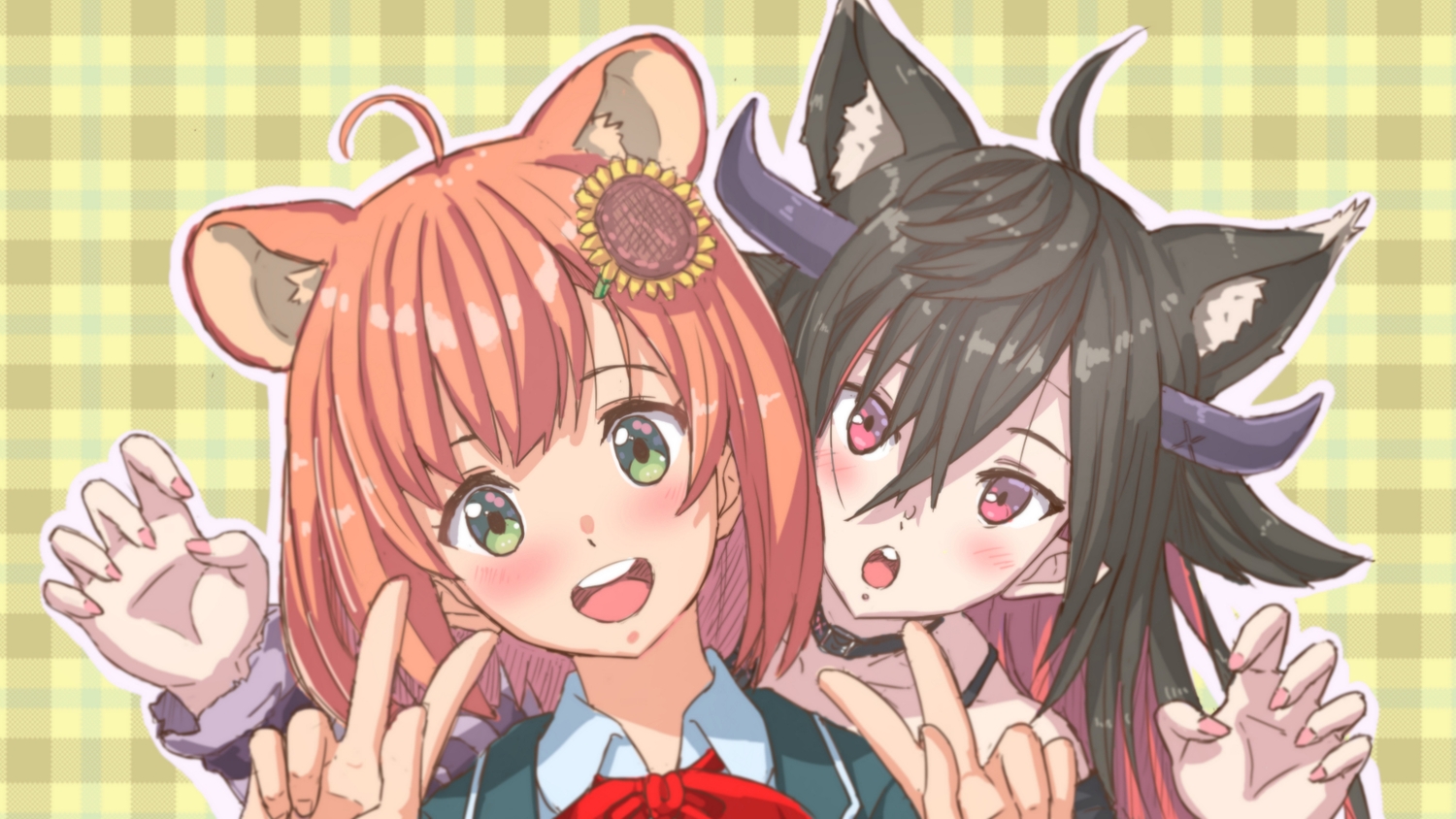 2girls, animal_ears, black_hair, blush, bow, close, collar, demon
