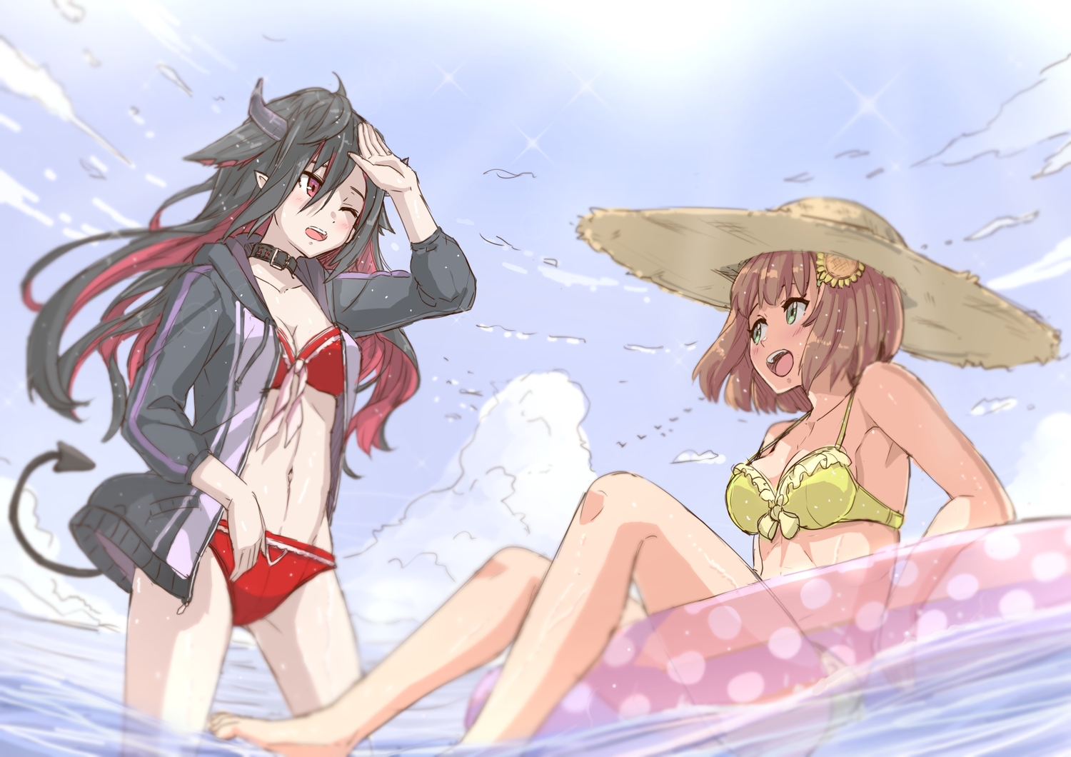2girls, animal_ears, bikini, black_hair, brown_hair, clouds, collar, demon