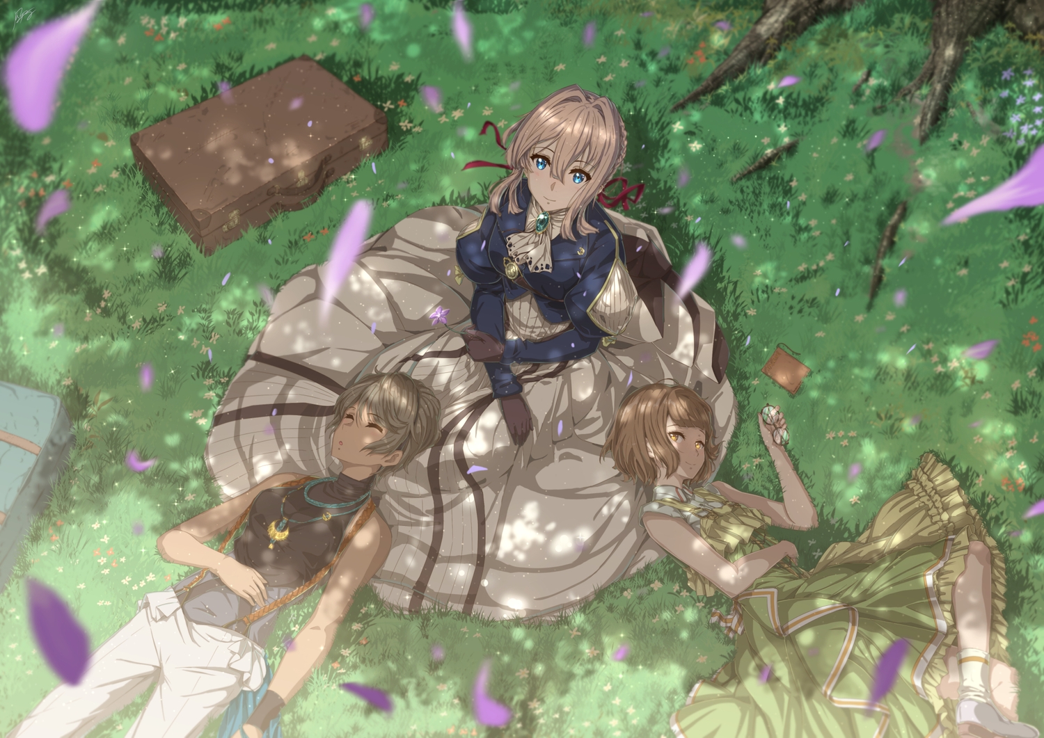 erica_brown, grass, green, iris_cannary, kazeno, petals, violet_evergarden, violet_evergarden_(character)