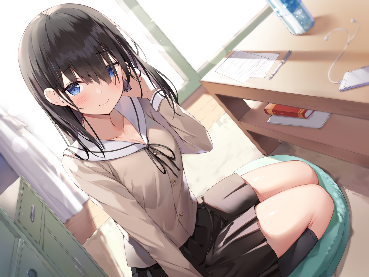 ale_nqki, blue_eyes, blush, book, brown_hair, drink, kneehighs, long_hair