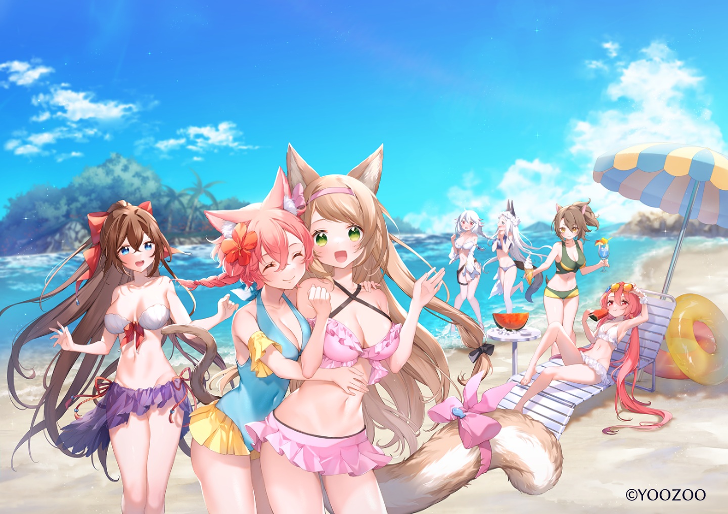 amenosaka_nono, animal_ears, april_(red:_pride_of_eden), beach, bikini, blush, bow, braids
