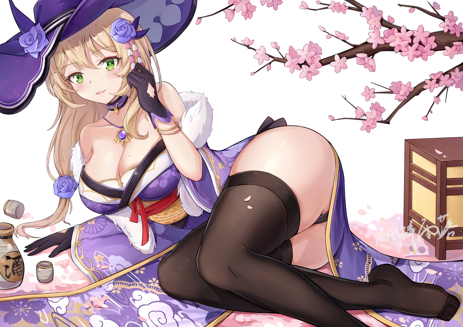 genshin_impact, green_eyes, hat, japanese_clothes, lisa_minci, panties, signed, thighhighs