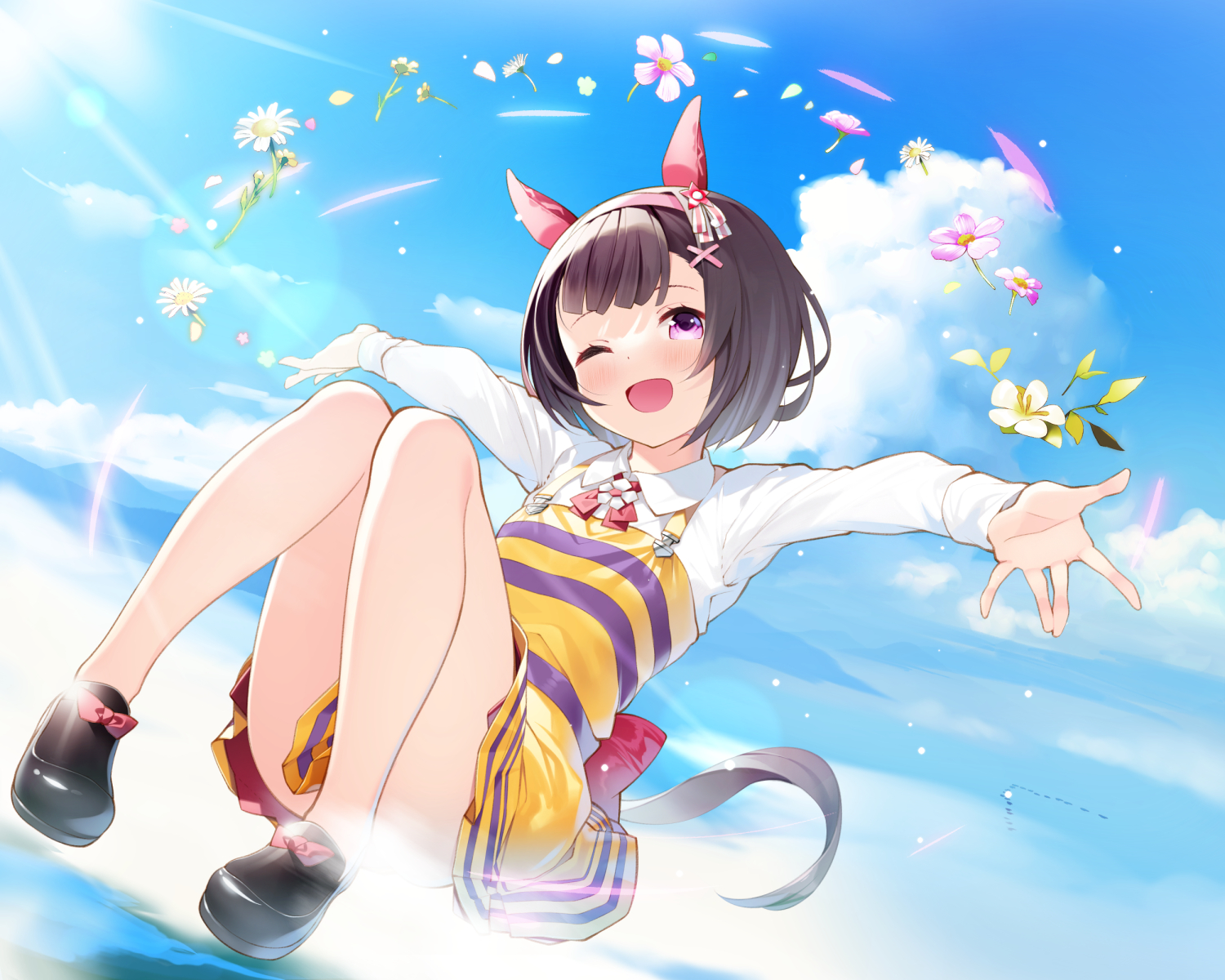animal_ears, anthropomorphism, blush, bow, clouds, dress, flat_chest, flowers, headband, nekomu, nishino_flower_(umamusume), purple_eyes, shirt, short_hair, sky, tail, uma_musume:_pretty_derby, wink