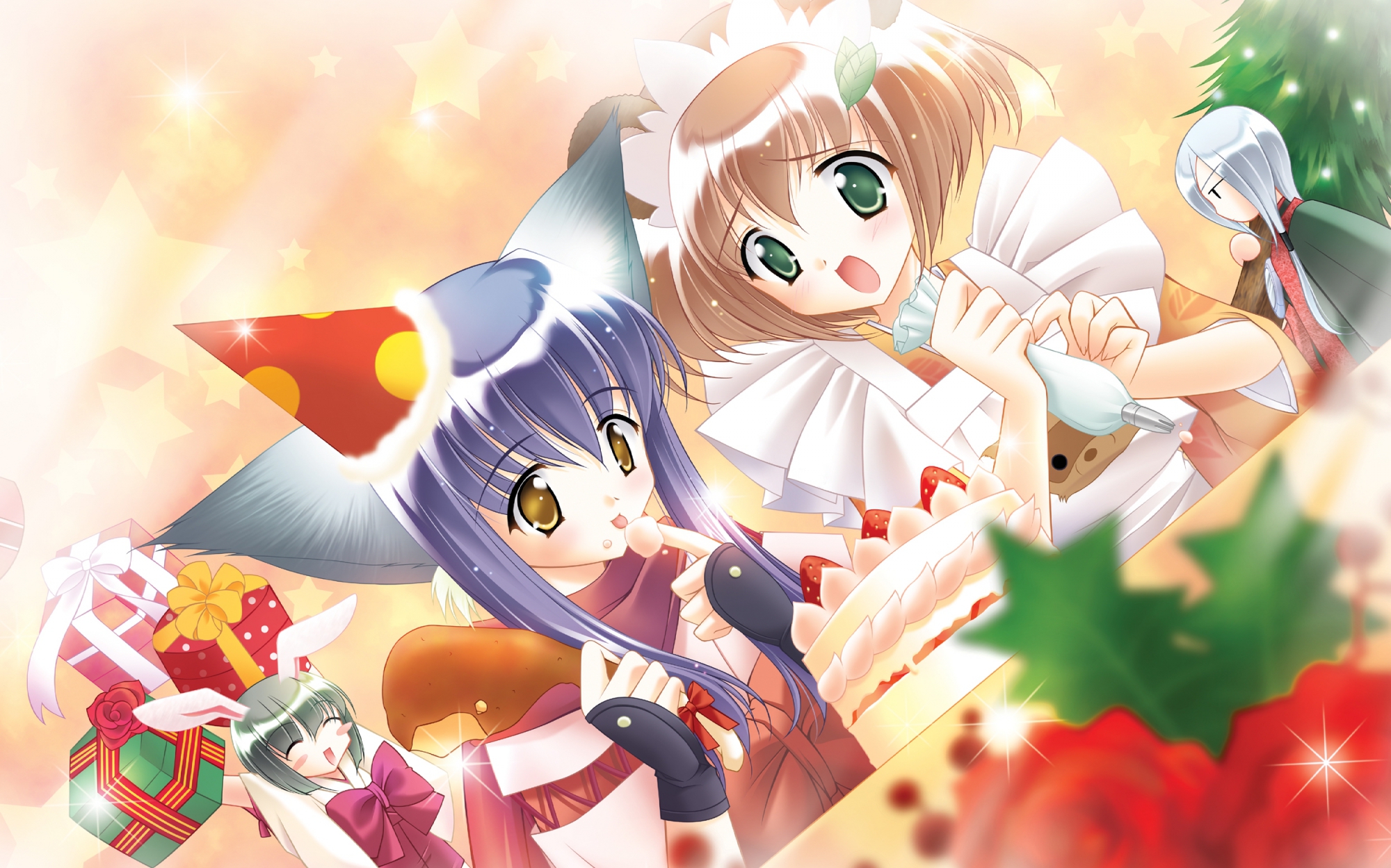 animal_ears, apron, blush, bow, brown_hair, cake, chikage_(tail_tale), food, fruit, gloves, gray_hair, green_eyes, hat, iori_(tail_tale), japanese_clothes, koma_(tail_tale), long_hair, min, purple_hair, ribbons, scarf, short_hair, strawberry, tail_tale, yellow_eyes