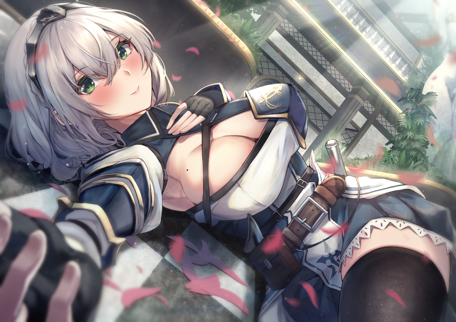amane_sora, blush, breasts, building, cleavage, dress, gloves, gray_hair