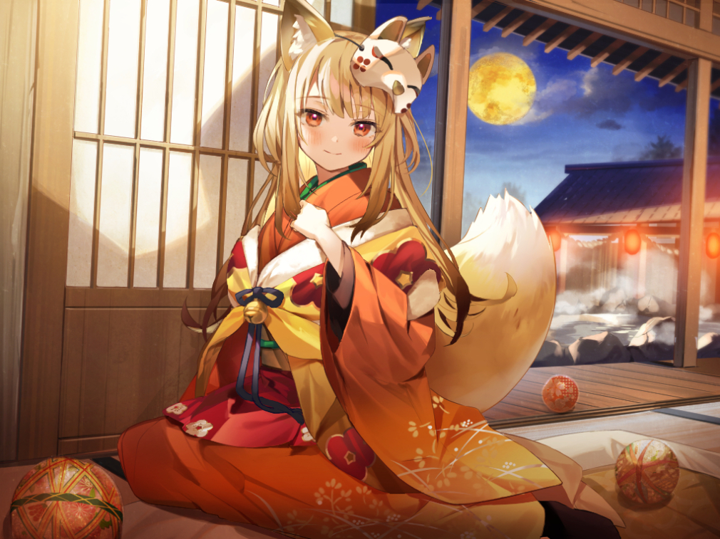 animal_ears, ball, blush, brown_hair, clouds, foxgirl, japanese_clothes, kanda_done