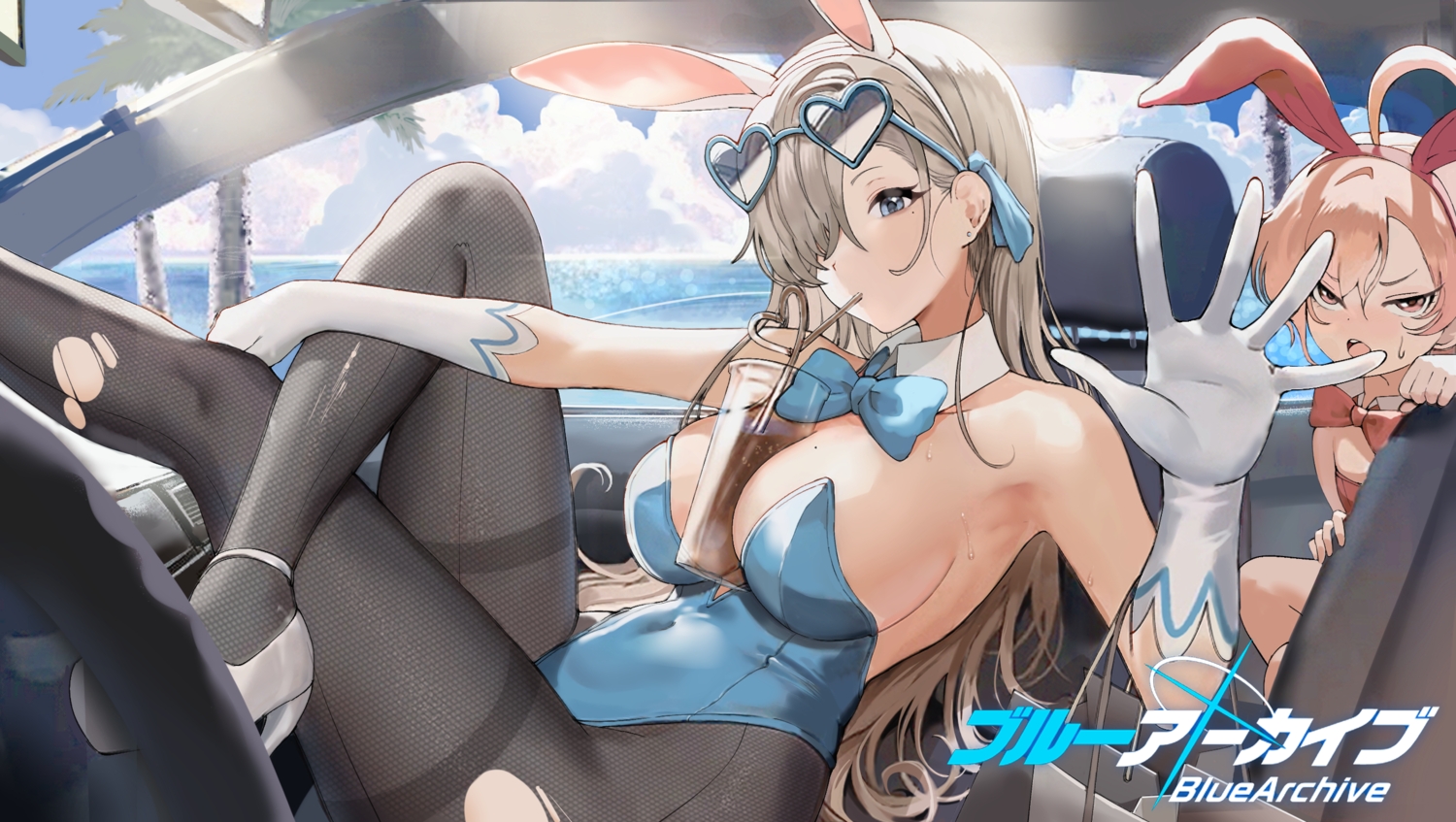 2girls, animal_ears, blue_archive, bunny_ears, bunnygirl, car, clouds, drink, gloves, gray_hair, headband, ichinose_asuna, leotard, logo, long_hair, mikamo_neru, no_bra, oh_(aung_ae), pink_hair, sky, sunglasses, torn_clothes, water